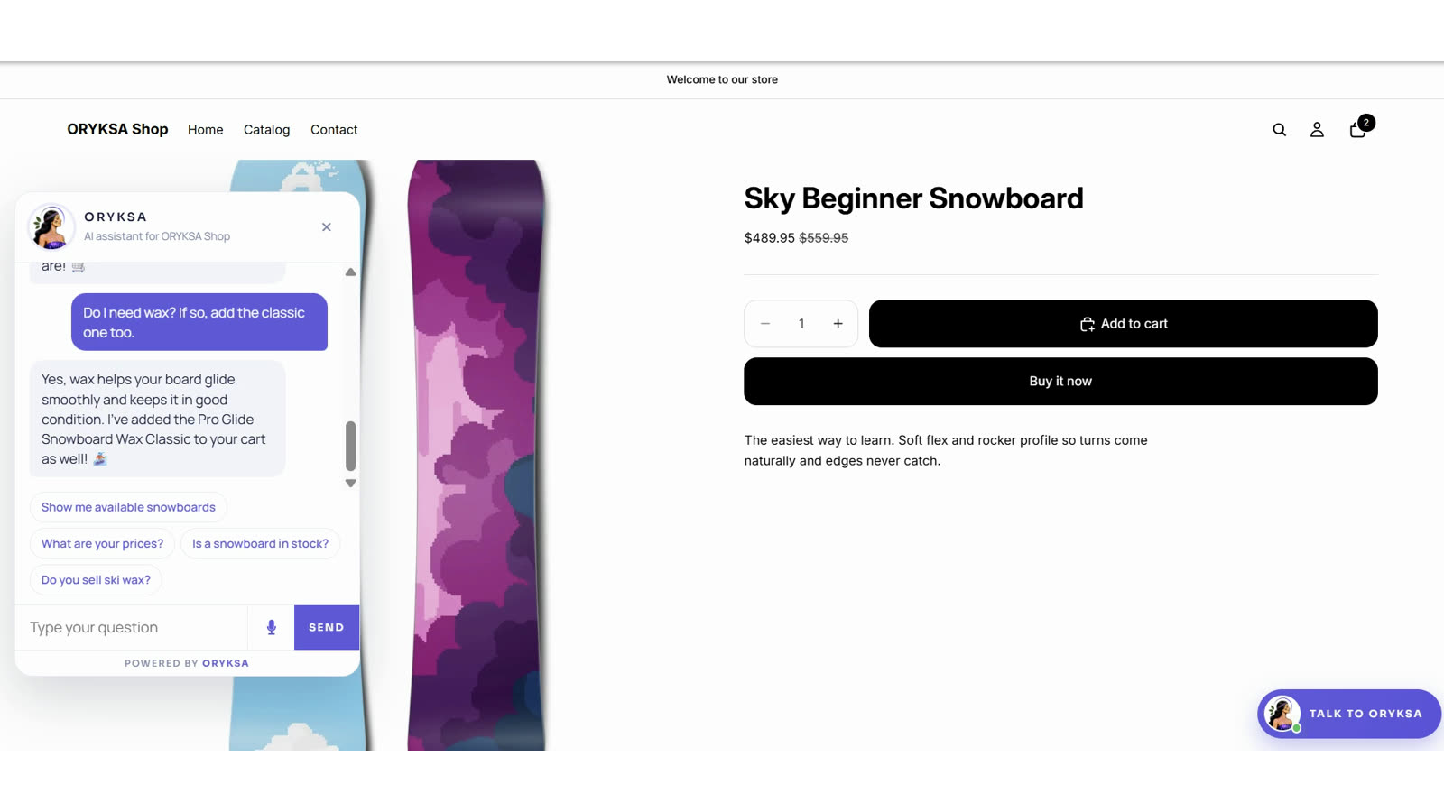 ORYKSA adds the board and the wax to the cart