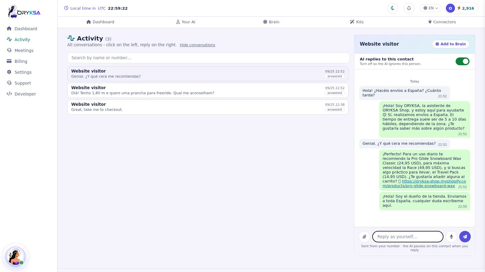 Every store chat in Activities, the owner replies live