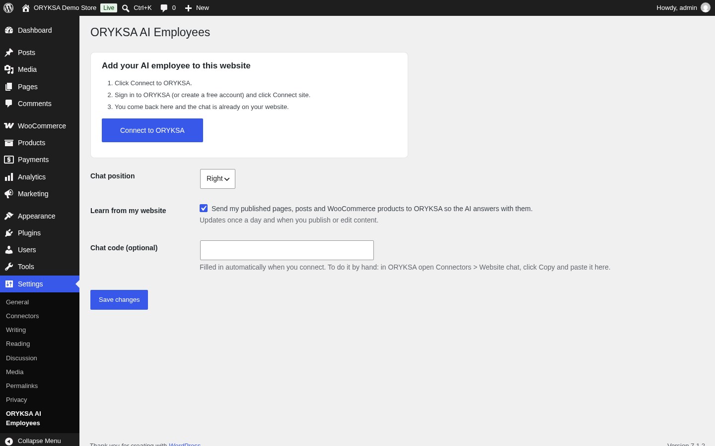Settings > ORYKSA AI Employees with the Connect to ORYKSA button