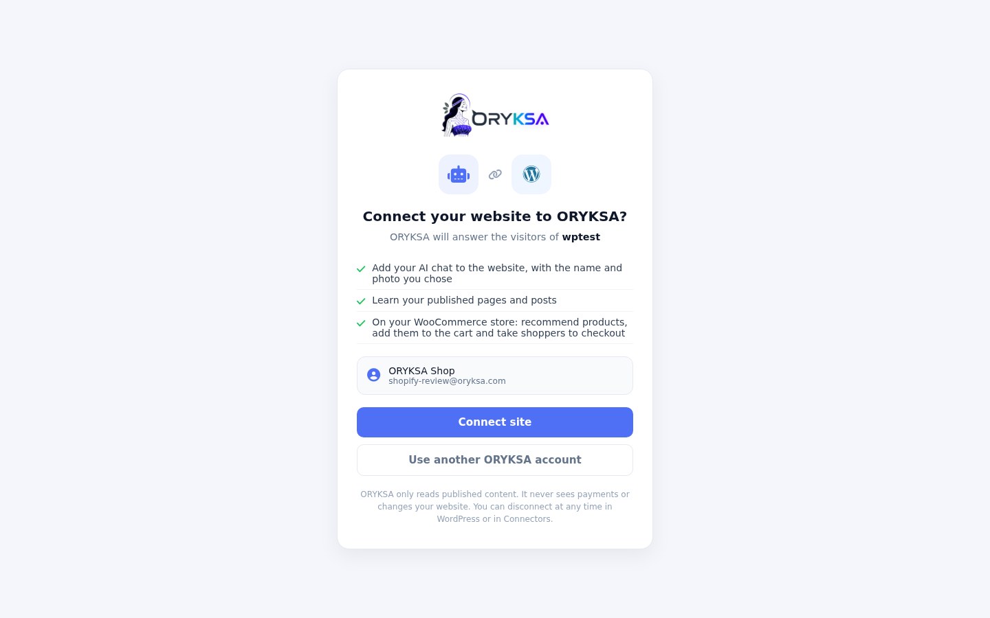 The ORYKSA page where you click Connect site